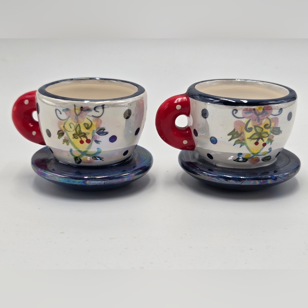 2 pcs Mary Engelbreit Miniature Tea Cup On Saucer Ornament Luster Polka Dots 2 - Picture 2 of 7